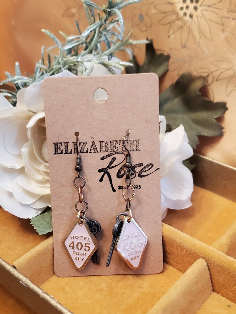 Hotel room key earrings
